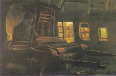 Weber in einem Raum mit drei schmalen Fenstern